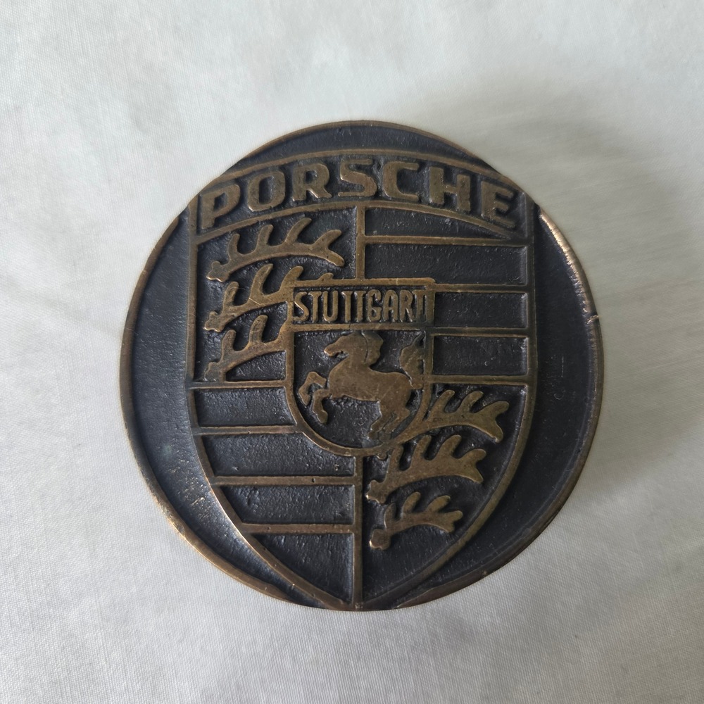 Vintage Porsche Stuttgart Crest Belt Buckle Cast Metal Bronze Tone Round Logo